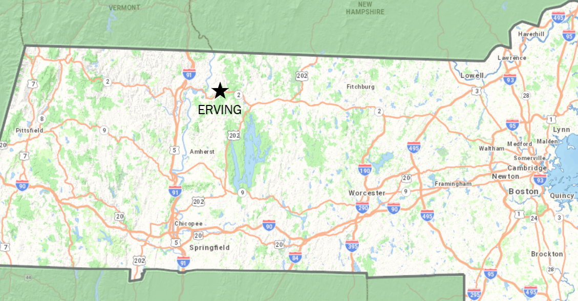 A MA map showing Erving as a star along Route 2 in Western MA