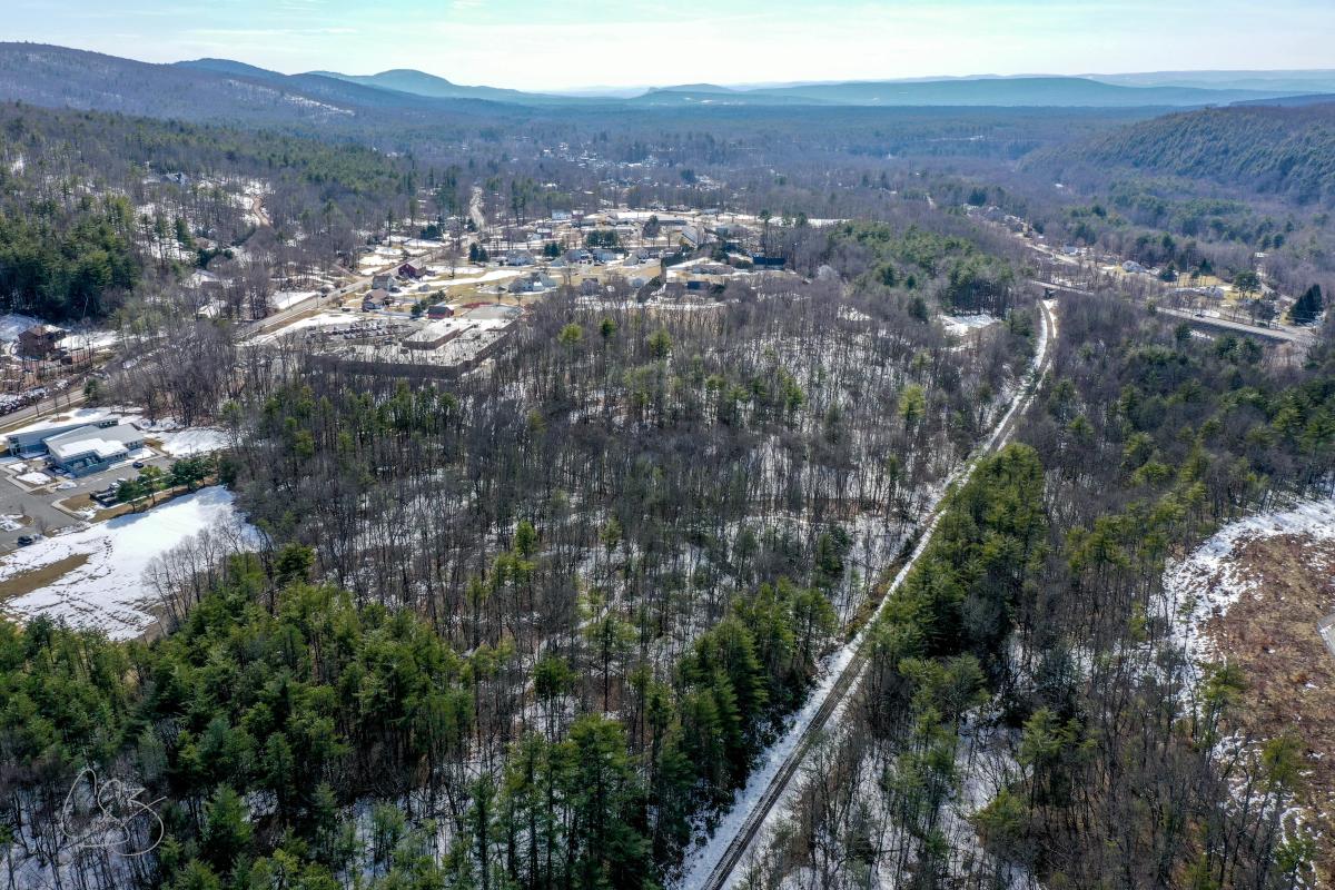 A drone photograph of a partially wooded, partially developed area with a railroad running along the right side of the frame